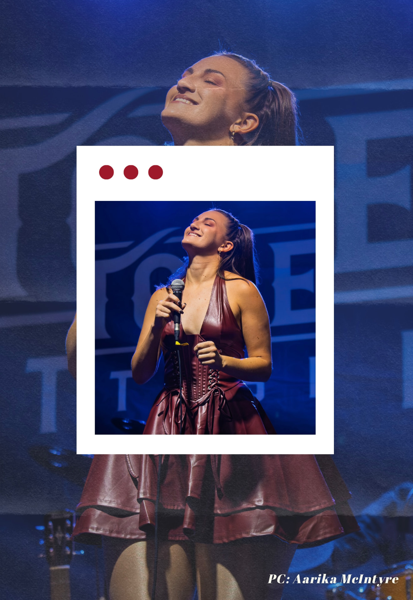 Megan Paullet performing on stage in red dress